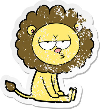 distressed sticker of a cartoon bored lion