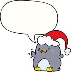 cartoon penguin wearing christmas hat and speech bubble