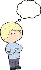 cartoon boy with folded arms with thought bubble