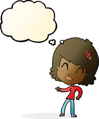 cartoon happy woman pointing with thought bubble