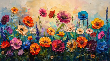 A vibrant garden scene at dawn, where each flower is painted with exaggerated impasto techniques. 