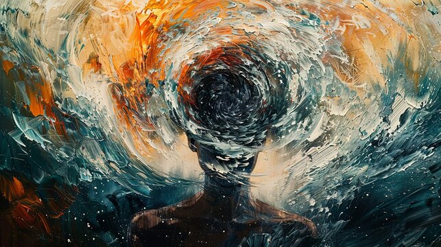 An abstract portrait of a person whose thoughts and emotions are visualized as a swirling, impasto storm above their head. Oil painting. © Dannchez