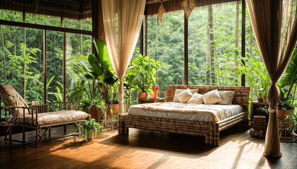 Interior of a hotel bedroom in the tropics