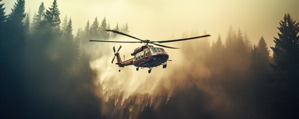 Fire helicopter extinguishes forest - obrazy, fototapety, plakaty
