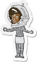 retro distressed sticker of a cartoon woman wearing astronaut helmet