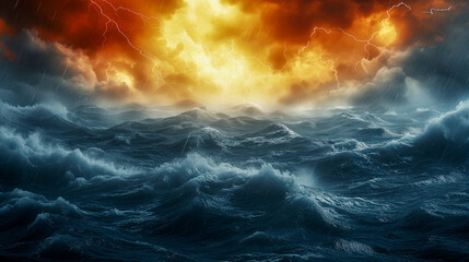 Stormy sea with towering waves under a dramatic sky lit by lightning and dark clouds