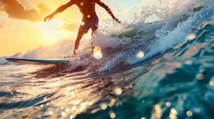 Fototapeta premium Surfer Riding a Wave in Golden Light Close-Up 