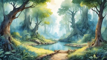 Foto op Aluminium Watercolor painting illustration of panoramic landscape view of fantasy magical forest at sunrise from Generative AI © SevenThreeSky