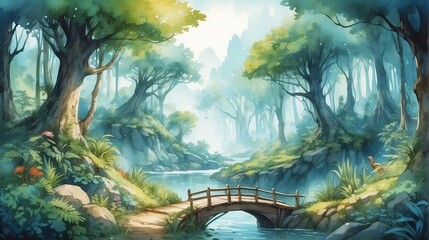 Watercolor painting illustration of panoramic landscape view of fantasy magical forest at sunrise from Generative AI