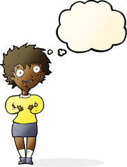 cartoon excited woman with thought bubble