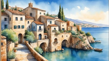 Watercolor painting illustration of panoramic landscape view of mediterranean village from Generative AI - obrazy, fototapety, plakaty