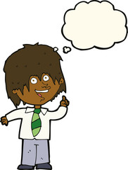cartoon school boy with idea with thought bubble