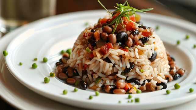 Exquisite rice and bean salad on elegant white plate
