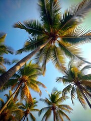 Fototapeta na wymiar Grupo de palmeras en verano en una playa. Vista de palmeras en ángulo contrapicado. Concepto de viaje.