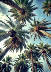 Fototapeta na wymiar Grupo de palmeras en verano en una playa. Contrapicado de plantas sobre el cielo azul en verano. Plantas naturales.