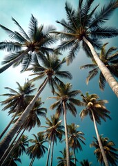 Grupo de palmeras en verano en una playa. Preciosas palmeras con fondo azul. Concepto de viaje.