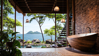 Bathroom with view on the sea and mountain