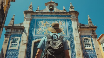 Fototapeta na wymiar tourist standing near a church with blue tiles on the facade