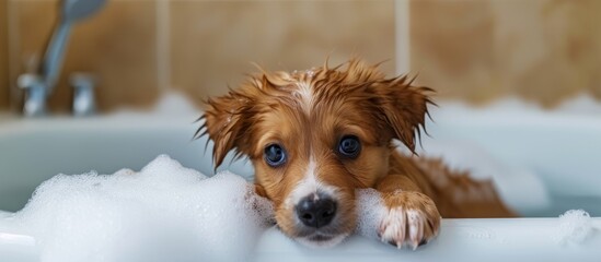 Adorable dog enjoying a relaxing bath in a cozy bathtub at home