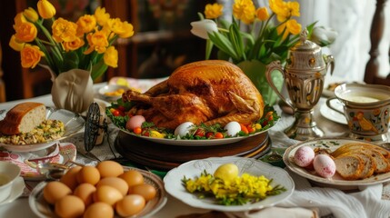 A beautifully arranged Easter dinner table with a roasted turkey, eggs, spring flowers, and festive decor, celebrating Easter traditions and family gatherings.
