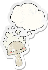 cartoon mushroom with spoor cloud and thought bubble as a distressed worn sticker