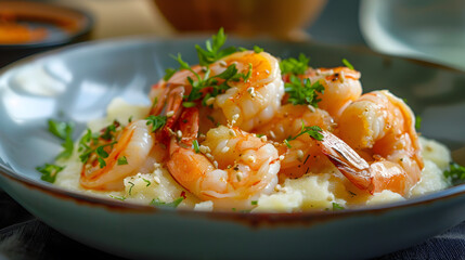 Shrimp and grits on plate