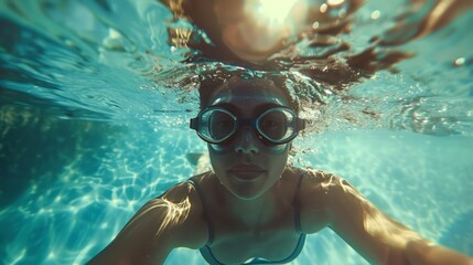 underwater selfie picture of a female swimmer in swimming suit and goggles training in swimming pool - obrazy, fototapety, plakaty