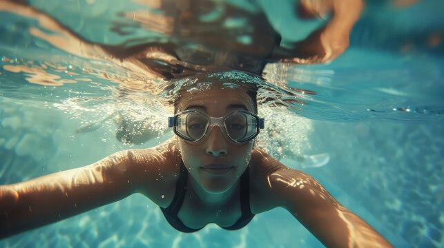 underwater selfie picture of a female swimmer in swimming suit and goggles training in swimming pool