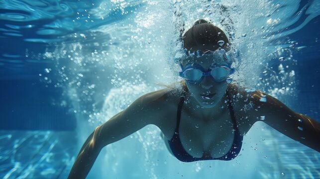female wear a swimming suit in a swimming pool underwater picture wearing training goggles