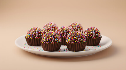 Colorful sprinkle-topped chocolate cupcakes on plate