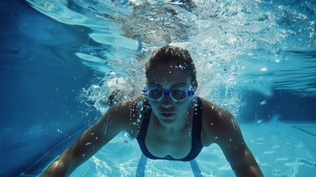 female wear a swimming suit in a swimming pool underwater picture wearing training goggles
