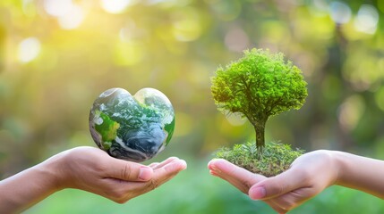 earth day hands holding earth globe and heart shape of tree over blurred green nature background