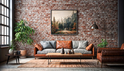 Interior of modern living room with brick wall and brown sofa