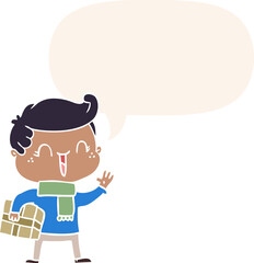 cartoon laughing boy and speech bubble in retro style