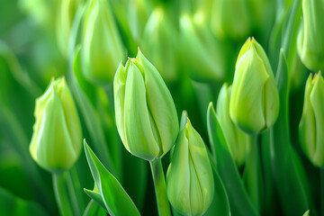 Close-up of green tulips in a garden, perfect for spring themes.