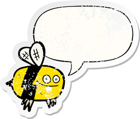 cartoon bee and speech bubble distressed sticker
