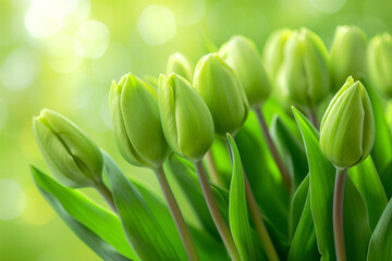 Close-up of green tulips in bloom, perfect for springtime designs.