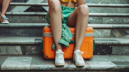 young traveler woman sitting on a orange colorful bag, close up view during summer vacation
