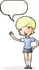 cartoon girl waving with speech bubble