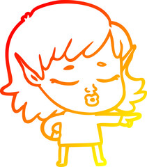 warm gradient line drawing pretty cartoon elf girl pointing