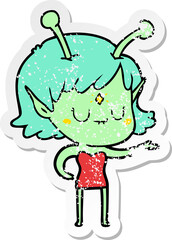 distressed sticker of a cartoon alien girl