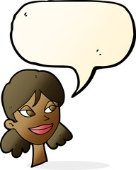 cartoon happy female face with speech bubble