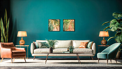 A mid-century modern living room with a dark green wall, white sofa, brown leather armchair, and green velvet armchai
