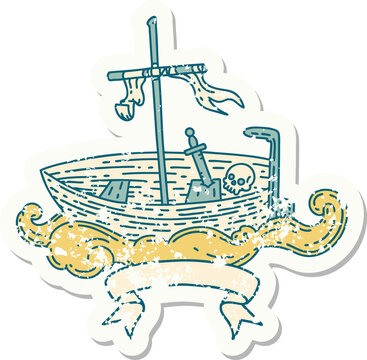 grunge sticker of tattoo style empty boat with skull