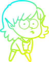 cold gradient line drawing cartoon elf girl staring and crouching