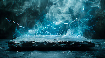 Blue lightning strike on a slate plate against a black background