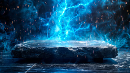 Blue lightning strike on a slate plate against a black background - obrazy, fototapety, plakaty