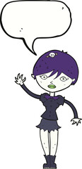 cartoon vampire girl waving with speech bubble