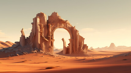 Desert landscape with ancient lost city ruins and huge door background - obrazy, fototapety, plakaty