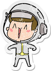 distressed sticker of a happy cartoon astronaut